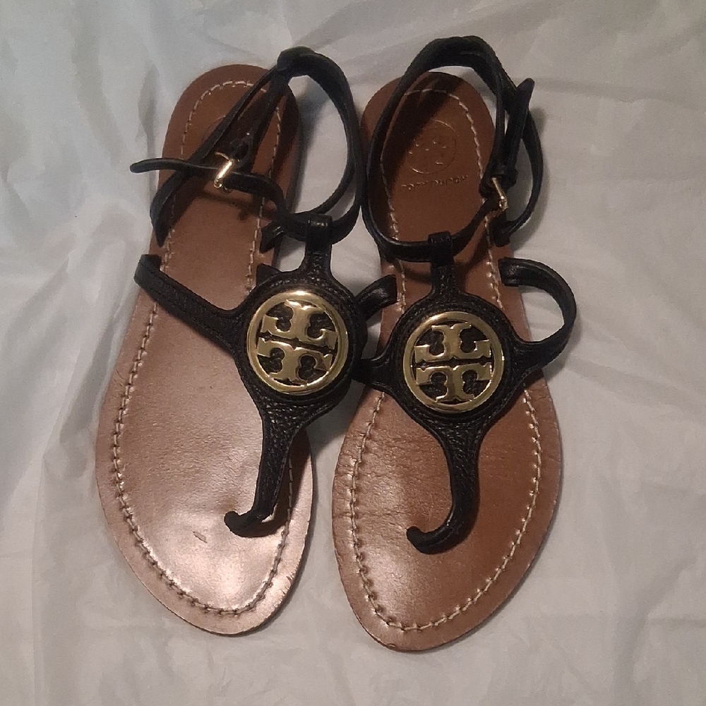 Tory Burch Black Leather Sandals with Gold Logo Medallions